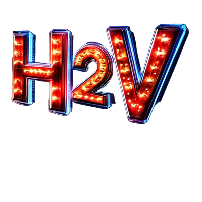 Illuminated 3D letters spelling 'H2V' with bright lights inside.