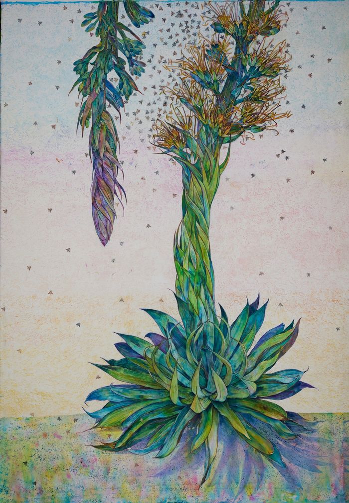 Huge agave plant with tall, blooming flower stalk depicted in vivid greens, blues and violets with g