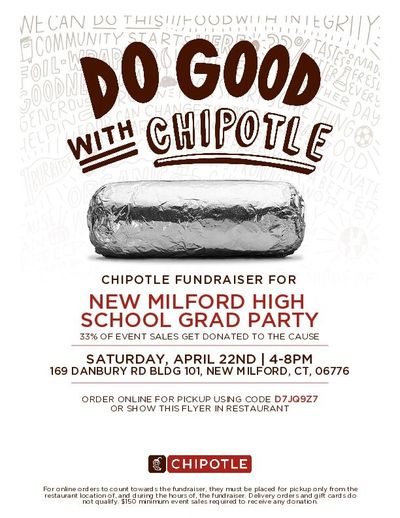 Chipotle fundraiser flyer for New Milford High School grad party with event details.