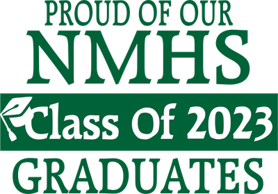 Text celebrating NMHS Class of 2023 graduates with a graduation cap icon.