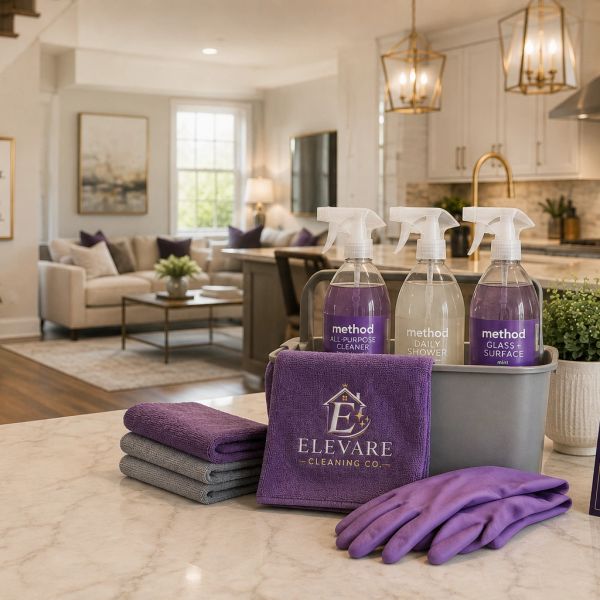 Cleaning supplies on kitchen counter with purple towels and gloves.