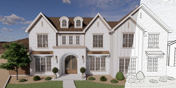 3D render of modern tudor home with strip of black and white sketch. 