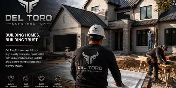 Construction workers building a modern home with Del Toro Construction logo.