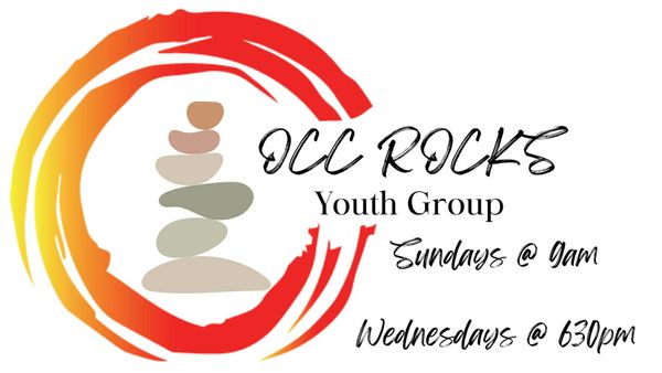 Logo for OLC Rocks Youth Group with meeting times.