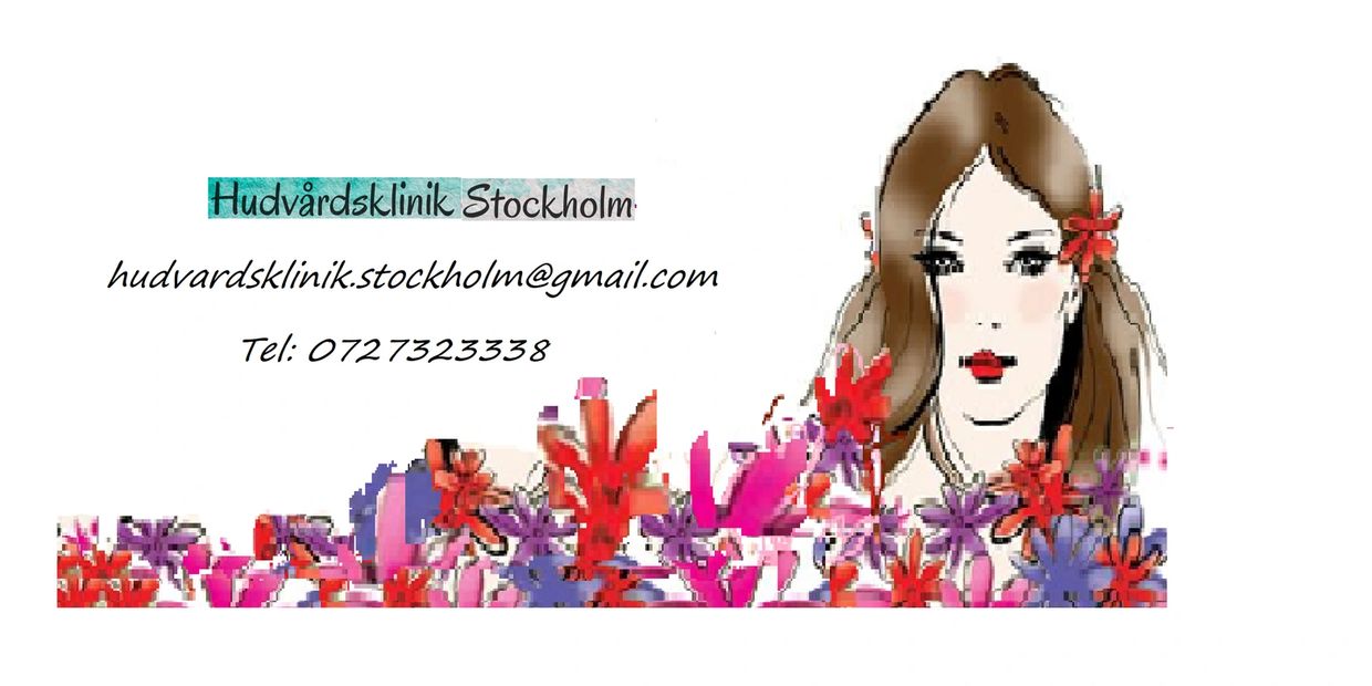 En vacker kvinna omgiven av blommor med hudvårdsklinikens kontaktemail och telefonnummer
