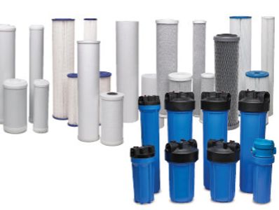 A collection of water filters and their housing