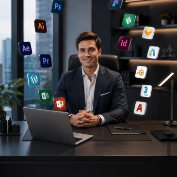Hombre de negocios rodeado de íconos de software.