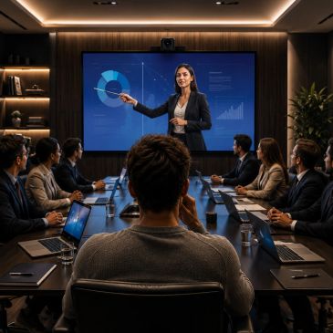 Presentación empresarial con análisis de datos en sala de reuniones.