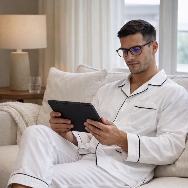 Man wearing Kasmai white pajama set, lounging on beige sofa with tablet, relaxed comfort wear for home and leisure”