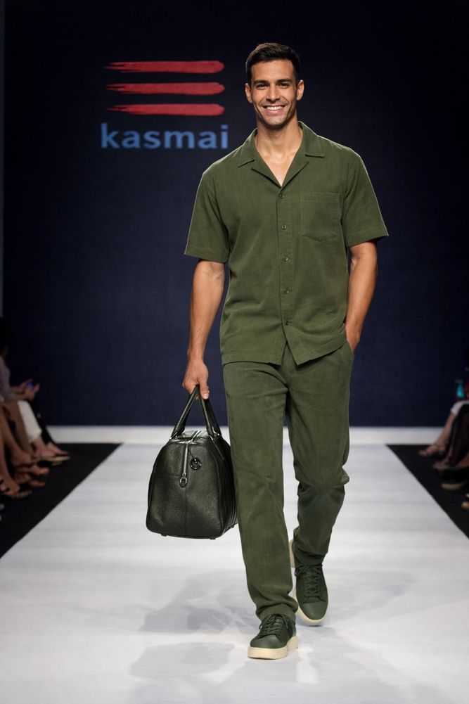 Model on runway wearing Kasmai green cotton-linen half-sleeve summer outfit with matching buttons