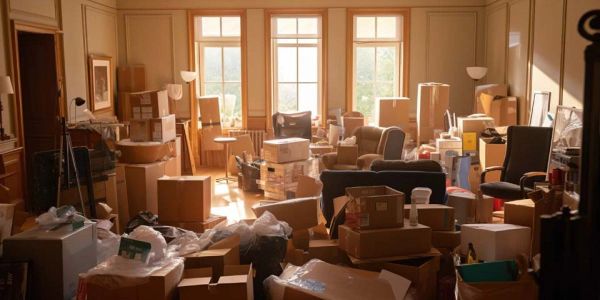 A room filled with packed moving boxes and furniture.