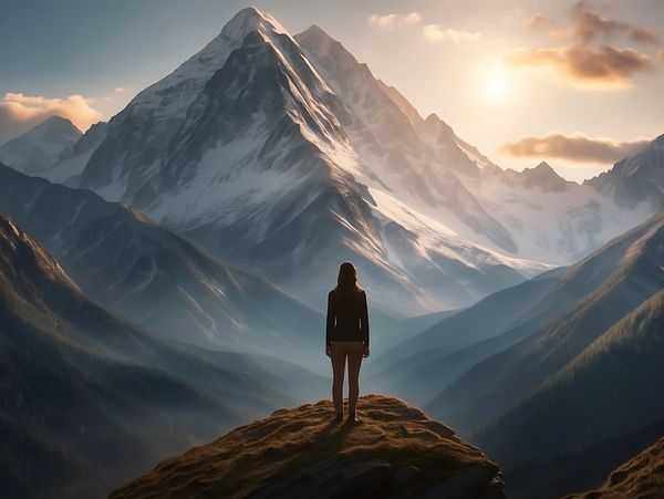 A person stands on a hill, gazing at snow-capped mountains during sunset.