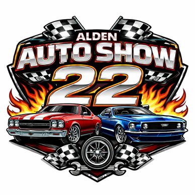 Logo for Alden Auto Show 22 with classic muscle cars and checkered flags.