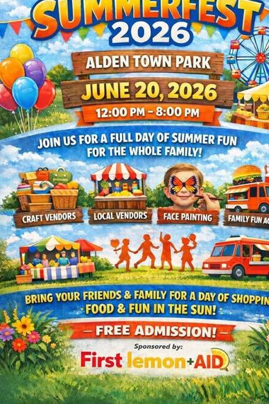 Colorful flyer for Alden Summerfest 2026 at Alden Town Park on June 20.