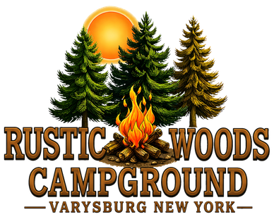 Logo for Rustic Woods Campground with trees, fire, and sun.