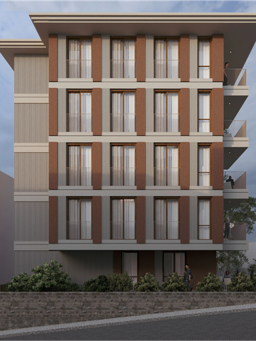 Modern four-story residential building with large windows and balconies.