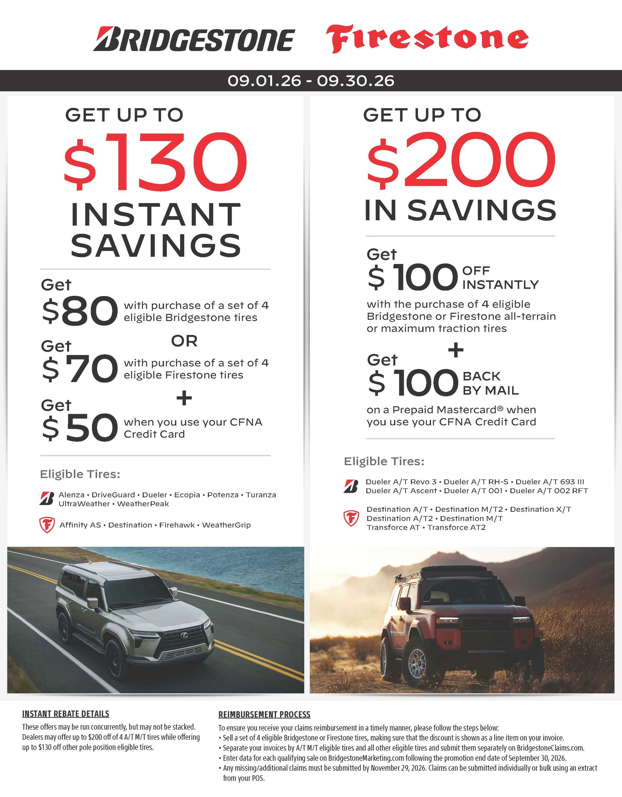 Bridgestone and Firestone tire savings offers available from Sept 1 to 30, 2026.