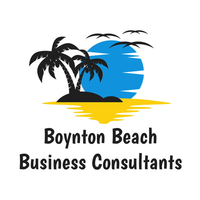 Logo with palm trees, sun, birds, and text for Boynton Beach Business Consultants.