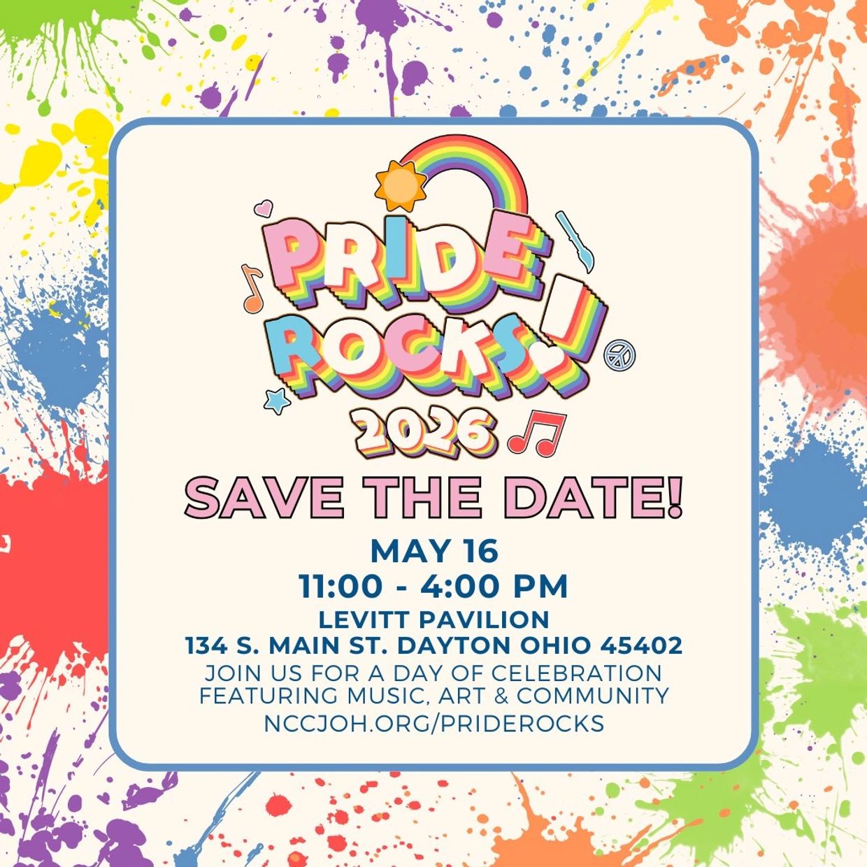 Colorful Pride Rocks 2026 event announcement with date and location details.