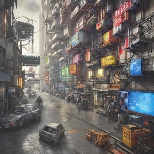 A dystopian urban street with neon signs and old buildings.