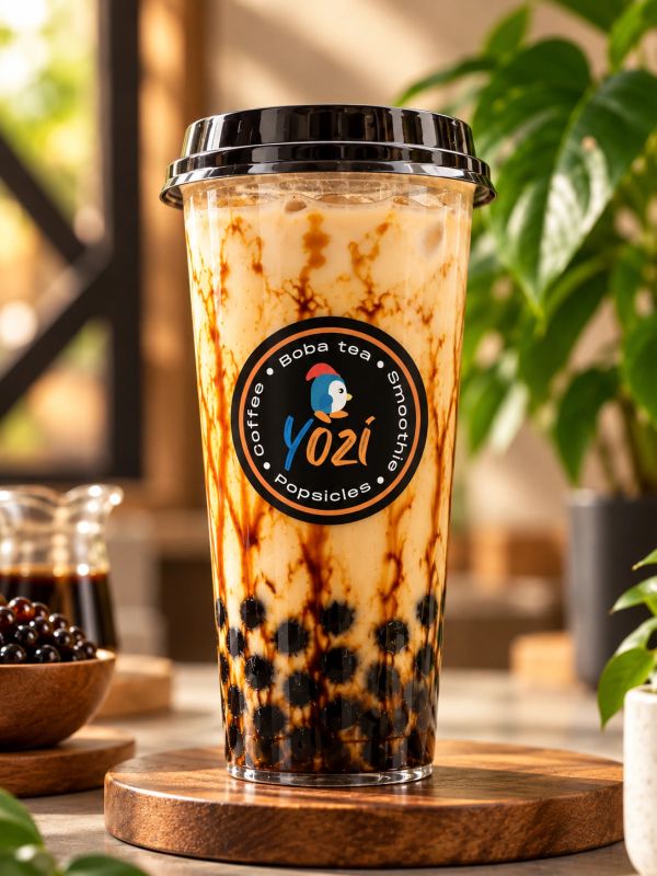Yozi Café tiger brown sugar milk tea with tapioca pearls in a clear cup with black lid