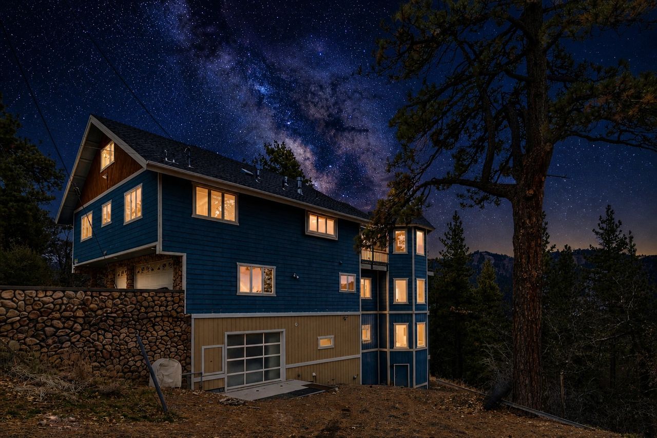 The image shows a large, multi-story mountain cabin set on a sloped, forested lot, now transformed into a nighttime scene. The house is painted deep blue with beige accents and has multiple levels, large windows, and a garage at the base. Warm interior lighting glows from the windows, giving it an inviting, lived-in feel against the dark surroundings. A tall pine tree stands prominently to the right of the home, with additional trees and rugged mountain terrain visible in the background. Overhead, the sky has been replaced with a dramatic, crystal-clear night scene filled with stars, including a vivid stretch of the Milky Way arching across the sky. The contrast between the warmly lit cabin and the expansive, star-filled sky creates a quiet, high-end mountain atmosphere&mdash;isolated, calm, and ideal for stargazing.