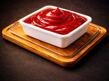 White dish filled with ketchup on a wooden tray against a dark background.