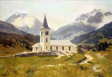 A church with a tall steeple in a mountainous landscape.