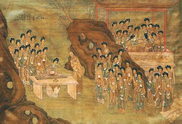 Ancient Chinese painting depicting a large group of people gathered outdoors.