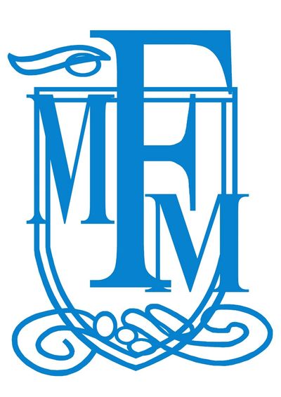 Blue emblem with intertwined letters M, F, and M in decorative style.