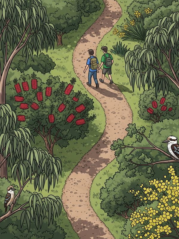 Two hikers walk along a forest path with a kookaburra perched nearby.
