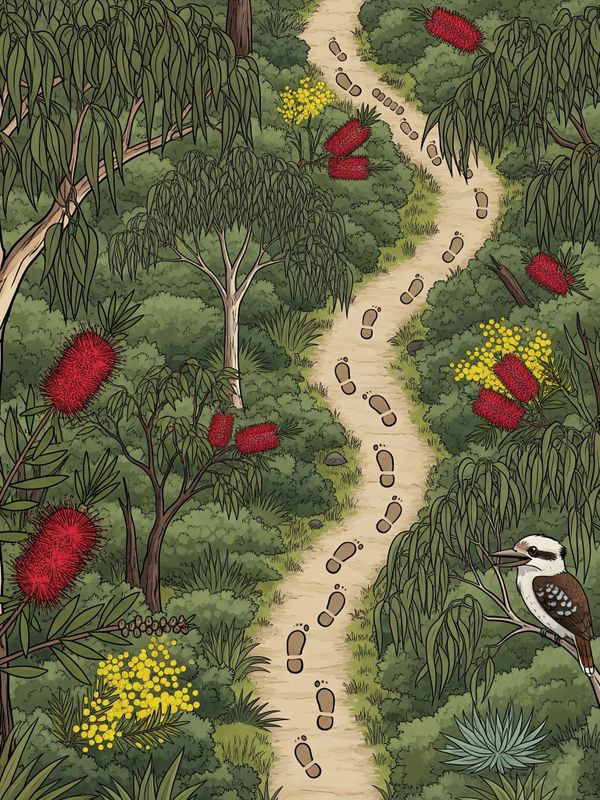A winding forest path with footprints, red flowers, yellow blossoms, and a perched kookaburra bird.