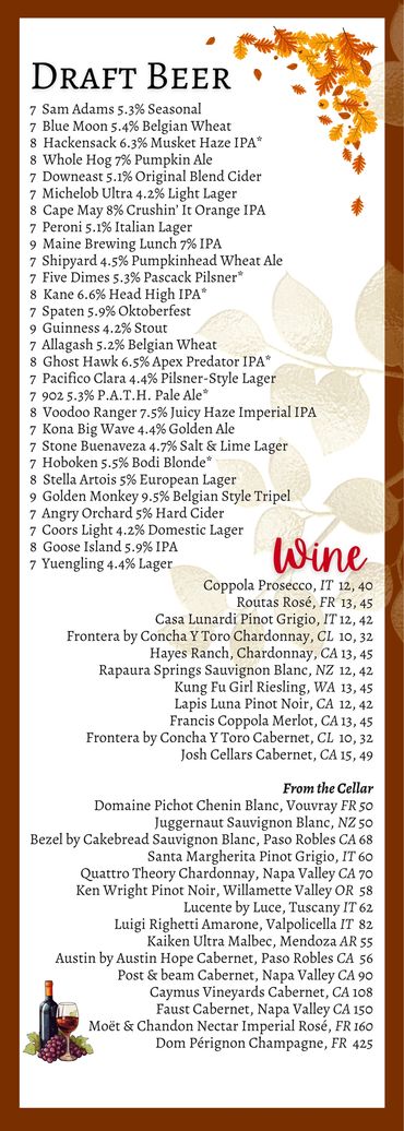 River & Henley draft beer and wine menu in New Milford, NJ