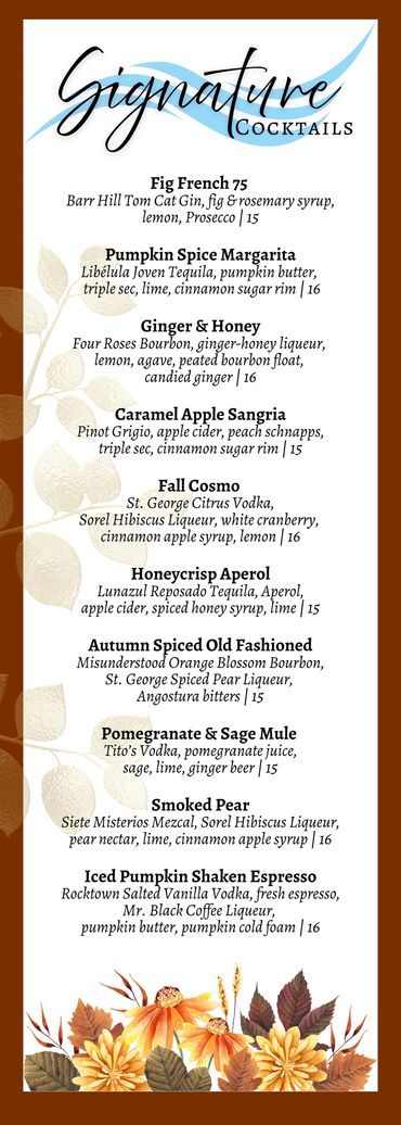 River & Henley fall cocktail menu featuring seasonal drinks in New Milford, NJ