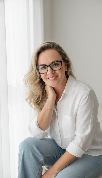 Mulher sorridente com óculos e camisa branca.