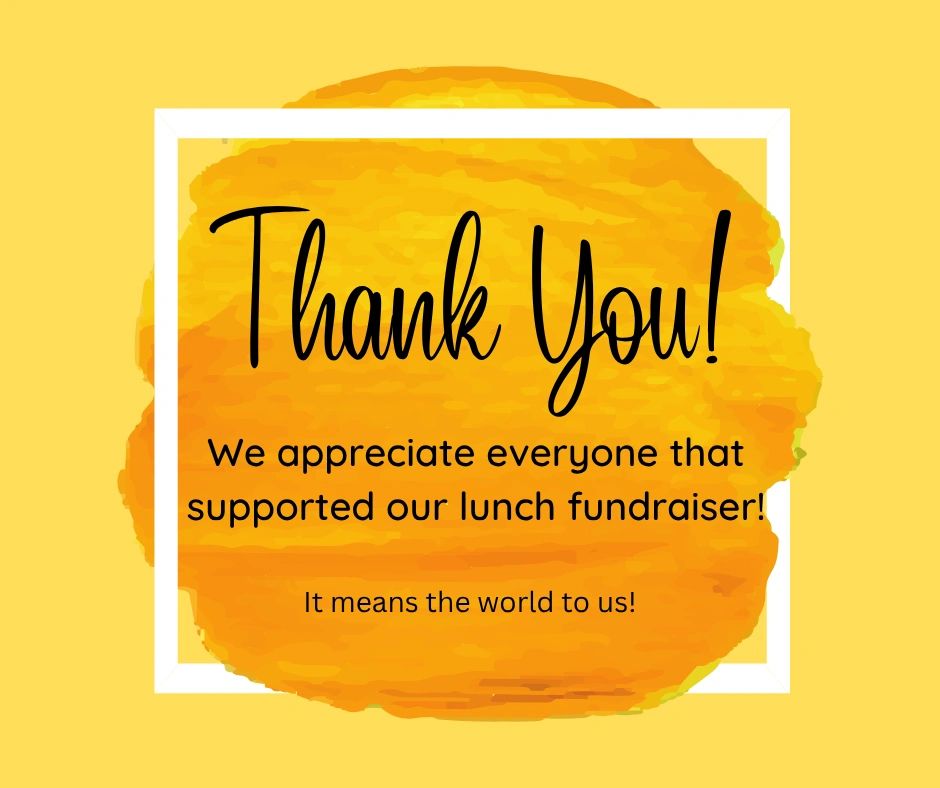 Thank you message for lunch fundraiser supporters on a bright yellow background.