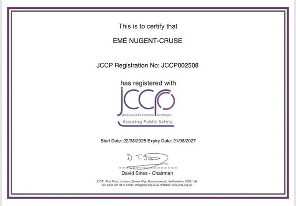 Certificate of registration for Emé Nugent-Cruse with JCCP valid from 2025 to 2027.