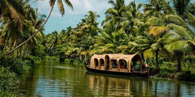 A traditional boat cruising through lush green palm-lined backwaters.