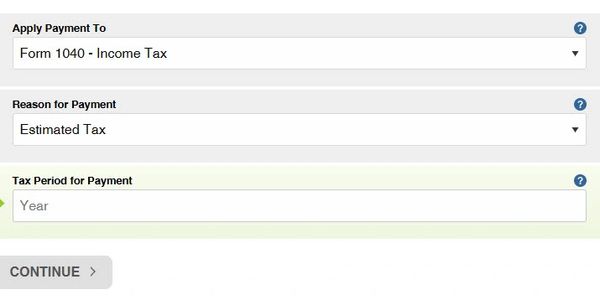 Tax payment form for Form 1040 with estimated tax reason and year input.