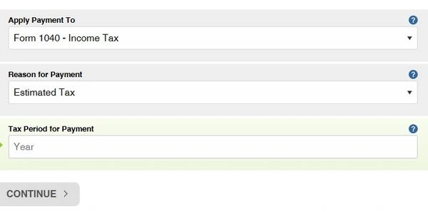 Tax payment form for Form 1040 with estimated tax reason and year input.