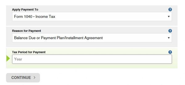 Online form for applying payment to income tax with reason and tax period fields.