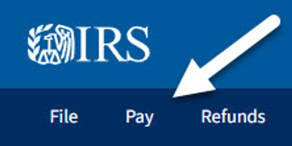 IRS website menu showing options to File, Pay, and Refunds.