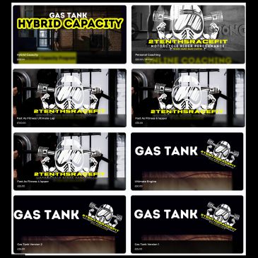Grid of fitness and coaching video thumbnails with a gas tank logo.