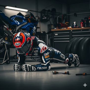 Motorcycle racer in full gear doing a plank exercise in a garage.