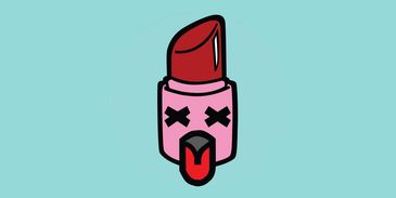 Cartoon lipstick with X eyes and tongue out.