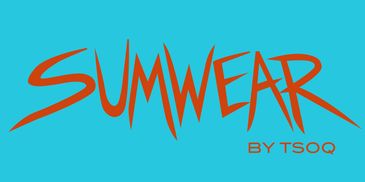 Logo with text 'SUMWEAR BY TSOQ' on blue background.