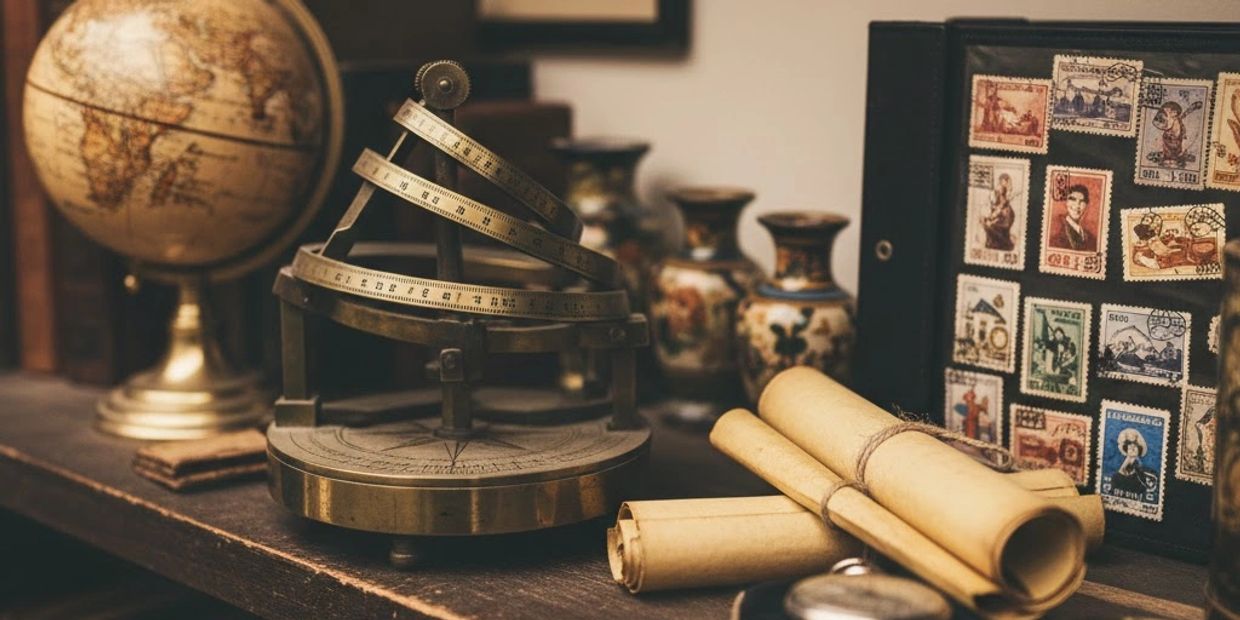 Vintage globe, maps, and stamps on a wooden shelf.