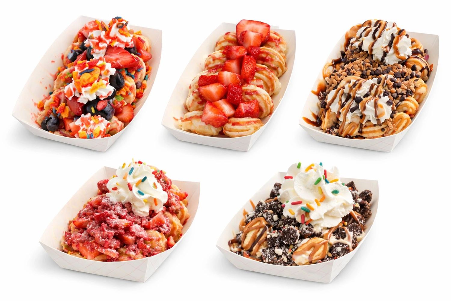 Five colorful dessert mini pancake dishes with various toppings in paper trays.