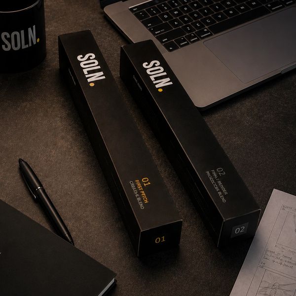 Black SOLN. product boxes on a desk with a laptop and pen.