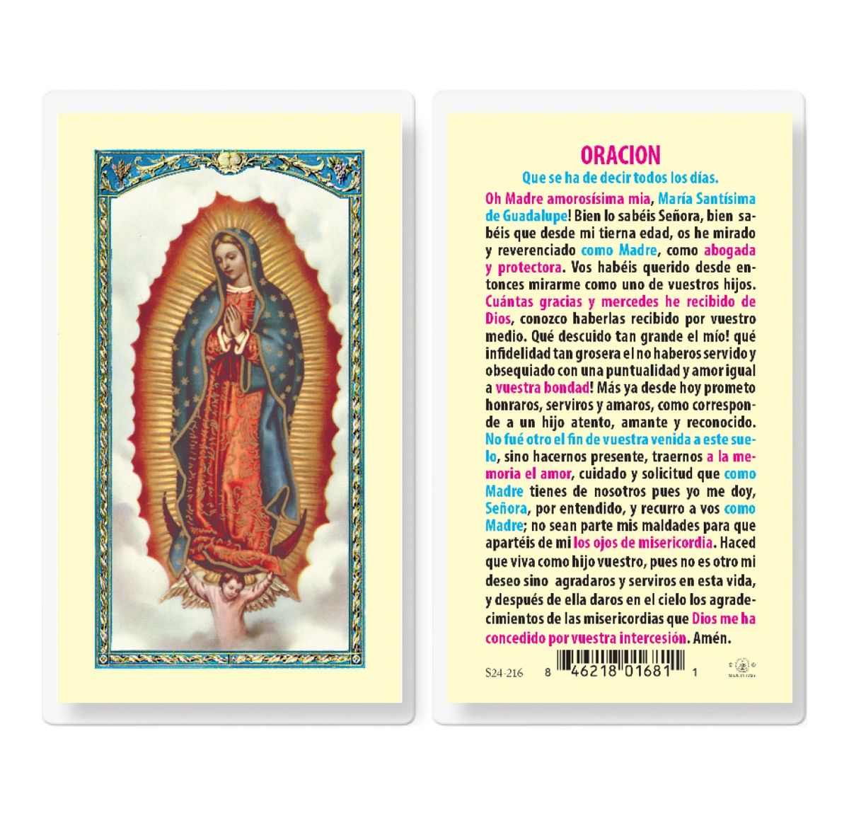 Oracion - Virgen de Guadalupe - Spanish - Plastic stock Holy Card RCC07S